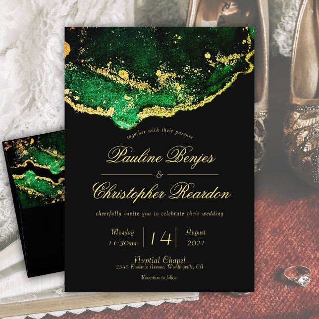 Elegant Jewel-Tone Green Black Gold Wedding Invitation (Elegant Jewel-Tone Green Black Gold Wedding Invitation)