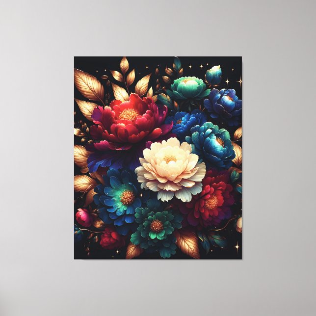 Elegant Jewel-Toned Floral Design with Glowing Peo Canvas Print (Front)