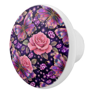 Elegant Jewelled Butterfly Pink Rose Glam Ceramic Knob