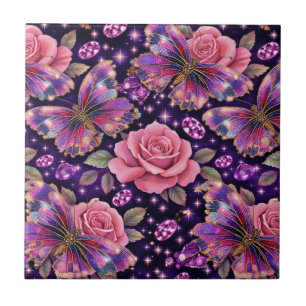 Elegant Jewelled Butterfly Pinnk Rose Glam Pattern Tile
