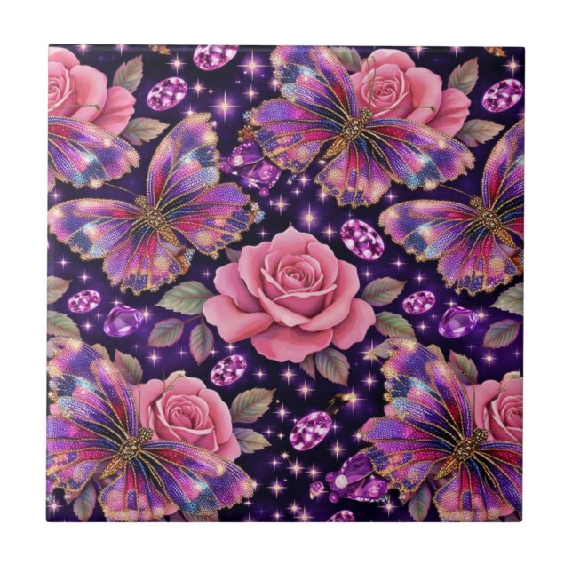 Elegant Jewelled Butterfly Pinnk Rose Glam Pattern Tile (Front)