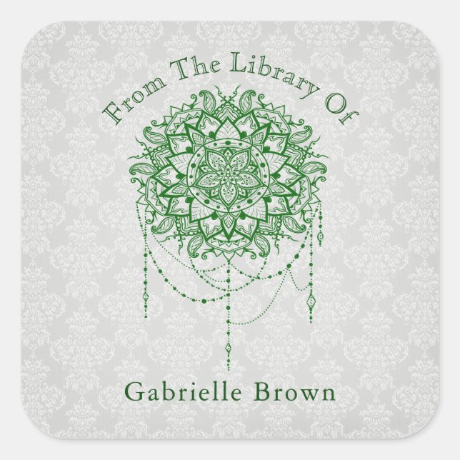 Elegant Jewelled Zen Mandala Damask Bookplate Square Sticker (Front)