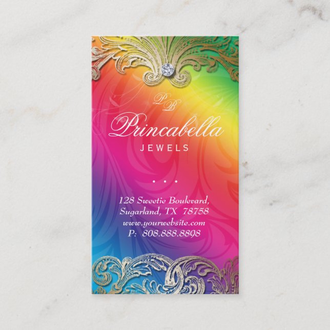 Elegant Jewellery Business Card Leaves Rainbow (Front)