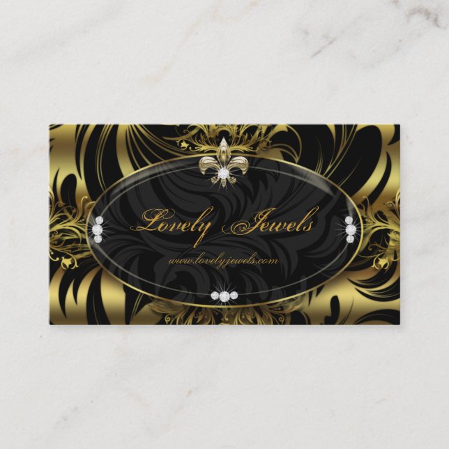 Elegant Jewellery Fashion Fleur de lis Black Gold Business Card (Front)