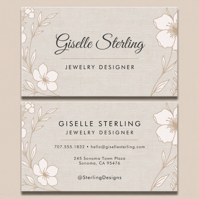 Elegant Jewelry Designer Botanical Floral Linen Business Card (Creator Uploaded)