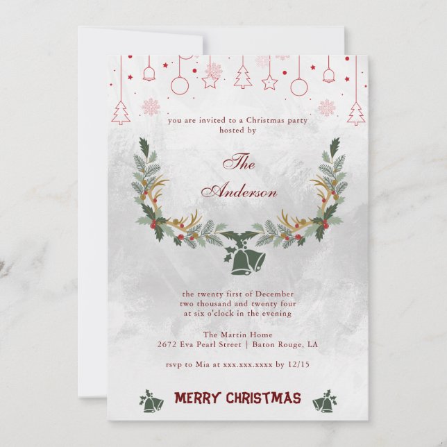 Elegant Jingle Bell Floral Holiday Christmas Party Card (Front)
