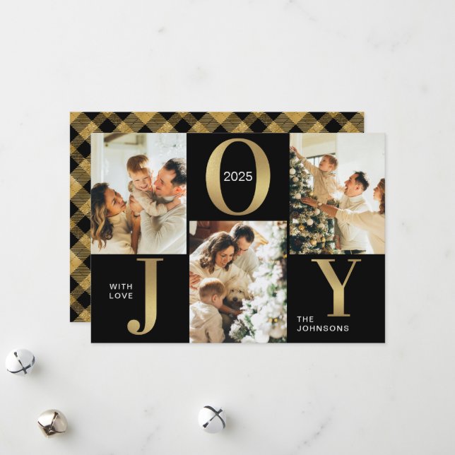 Elegant Joy Black Gold Photo Collage Christmas  Holiday Card (Front/Back In Situ)