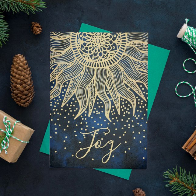 Elegant Joy Blue Gold Boho Sun Mandala Christmas Holiday Card (Creator Uploaded)