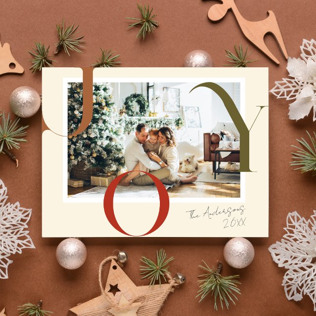 Elegant JOY Boho Merry Christmas Family Photo Holiday Postcard (Creator Uploaded)