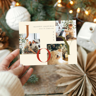 Elegant JOY Boho Season's Greetings Three Photo Holiday Postcard