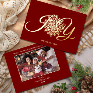 Elegant JOY Burgundy Christmas Photo Gold