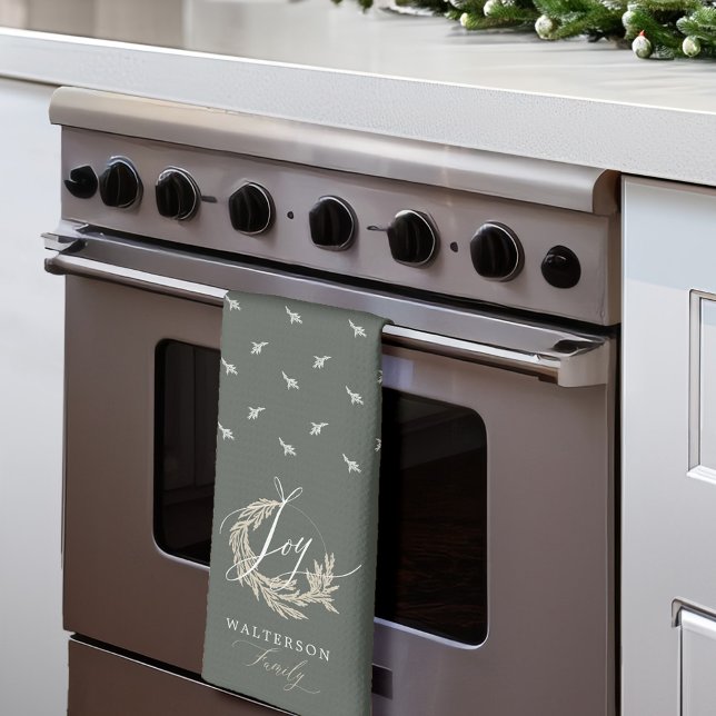 Elegant Joy Calligraphy Garland Wreath Family Name Tea Towel (Elegant Joy Calligraphy Garland Wreath Family Name Kitchen Towel (Thirds Fold))