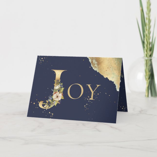 Elegant Joy Christmas Gold Floral Navy Holiday Card (Front)