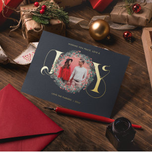 Elegant JOY Christmas Wreath Leaves Berries Photo