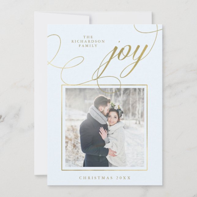 Elegant Joy | Gold Script on Soft Blue with Photo Holiday Card (Front)