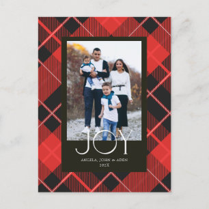 Elegant Joy Photo Black Red Plaid Holiday Postcard