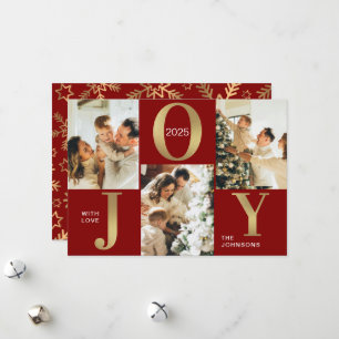 Elegant Joy Red Gold Photo Collage Christmas  Holiday Card