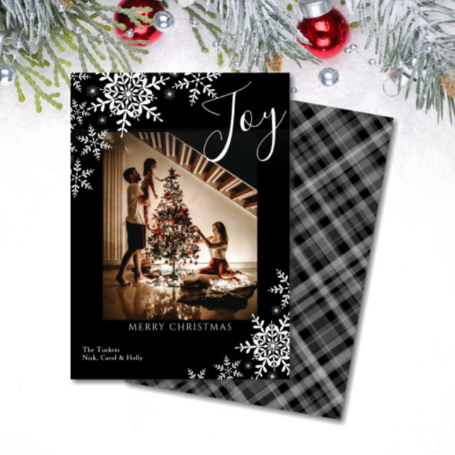 Elegant Joy Snowflakes Plaid Merry Christmas Photo Holiday Card (Creator Uploaded)