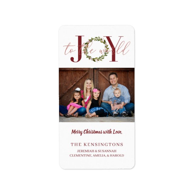 Elegant Joy to the World Wreath Holiday Photo Label (Front)