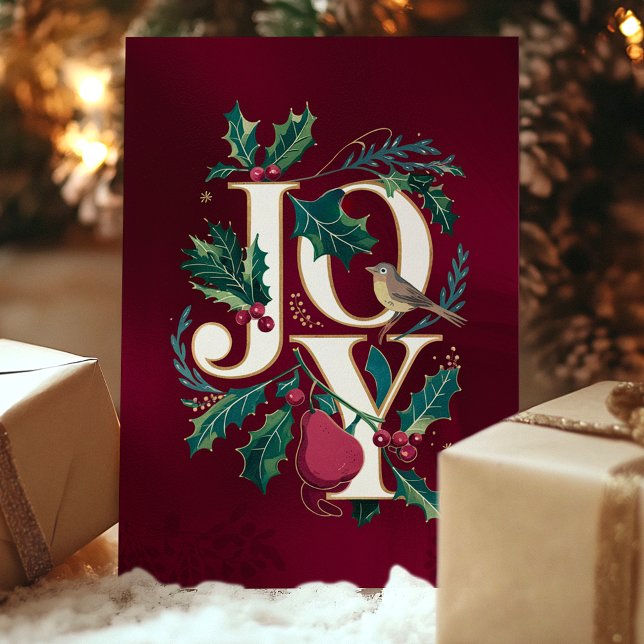 Elegant Joy Typography Holly Bird Christmas Card (Creator Uploaded)