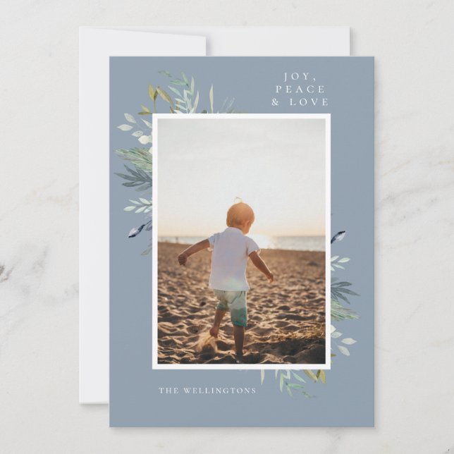 Elegant Joy Winter Foliage Single Photo Blue Holiday Card (Front)