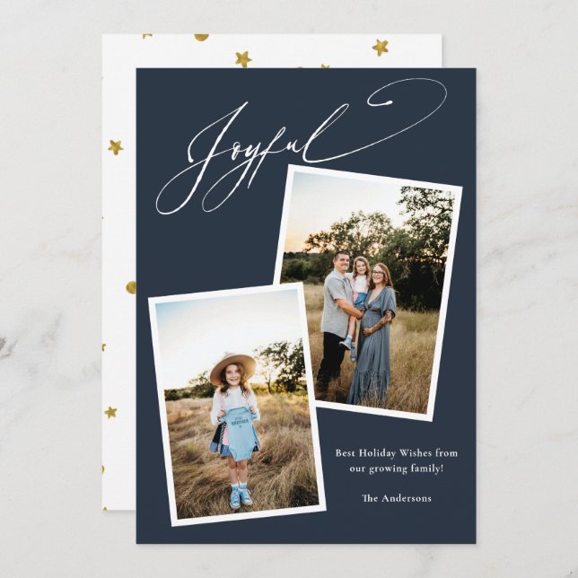 Elegant Joyful Blue Calligraphy Photo Pregnancy Holiday Card (Front/Back)