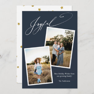 Elegant Joyful Blue Calligraphy Photo Pregnancy Holiday Card