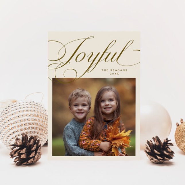 Elegant Joyful Calligraphy Photo Cream Holiday Card (Creator Uploaded)