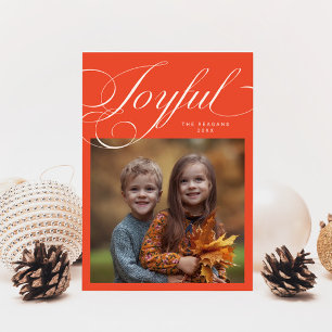 Elegant Joyful Calligraphy Photo Retro Red Holiday Card