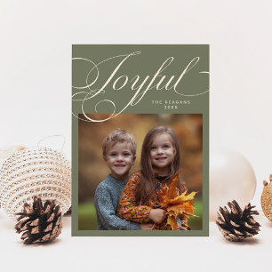 Elegant Joyful Calligraphy Photo Sage Green Holiday Card