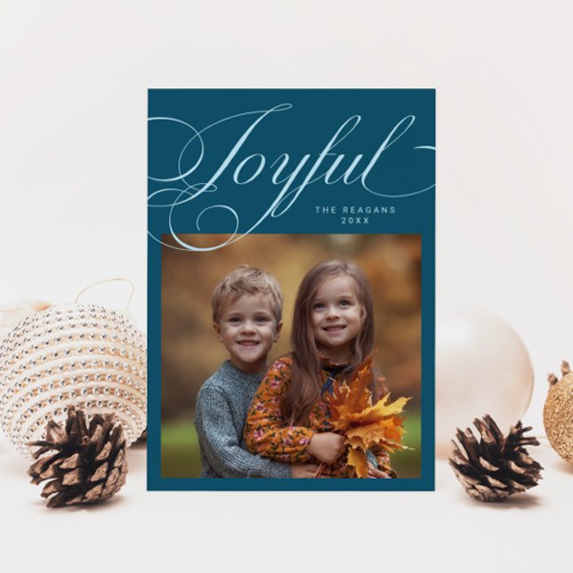 Elegant Joyful Calligraphy Photo Teal Holiday Card (Creator Uploaded)