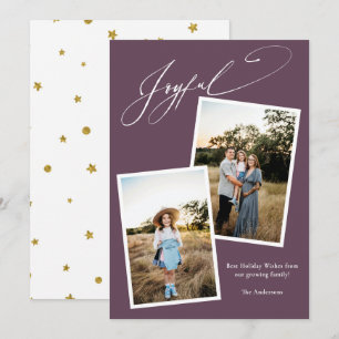 Elegant Joyful Calligraphy Purple Photo Pregnancy Holiday Card