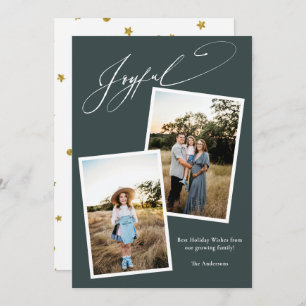 Elegant Joyful Green Calligraphy Photo Pregnancy Holiday Card