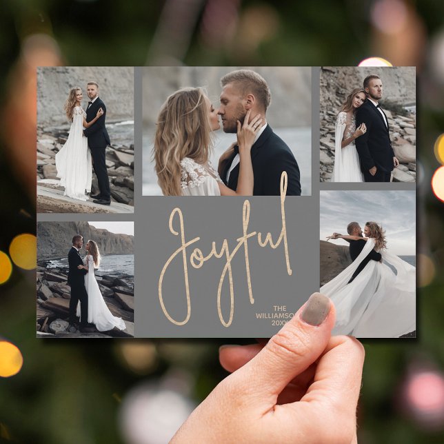Elegant JOYFUL Multi Photo Charcoal Grey Christmas Holiday Card (Gold JOYFUL Multi Photo Christmas Holiday Cards - INSTANT DOWNLOAD and/or PRINTED or both!)
