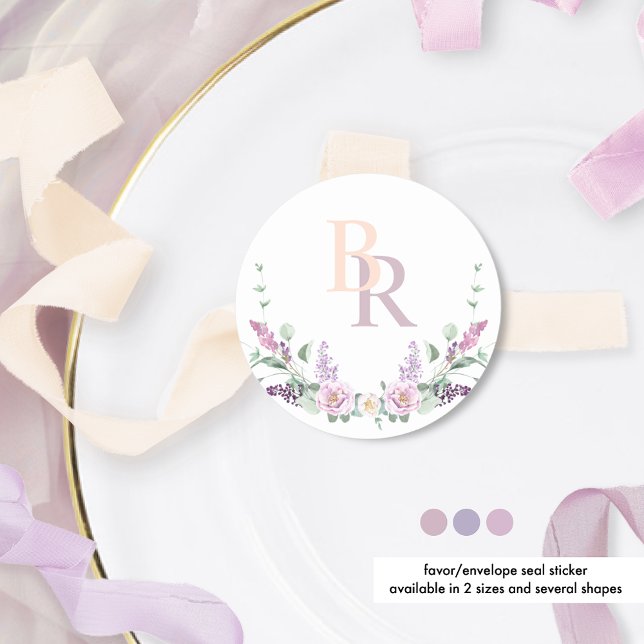 Elegant Joyful Pastel Floral Monogram Wreath  Classic Round Sticker (Creator Uploaded)