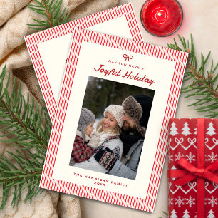 Elegant Joyful Pretty Red Bow Family Picture Holiday Card