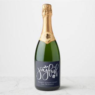 Elegant Joyful Script Navy Blue Holiday Sparkling Wine Label