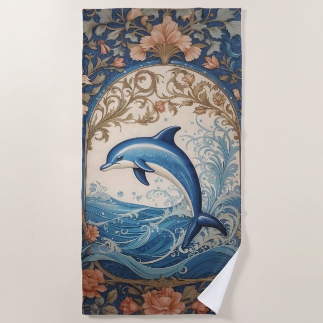Elegant Jumping Dolphin William Morris Inspired Beach Towel (Front)