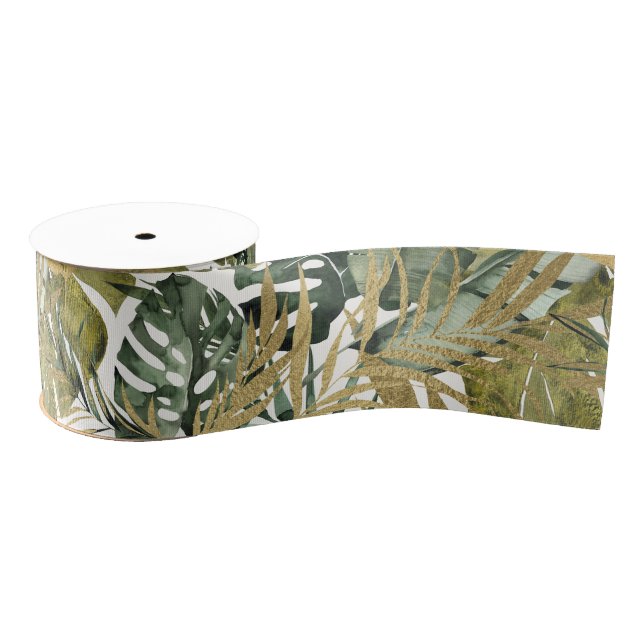 Elegant Jungle Leaves Grosgrain Ribbon (Spool)