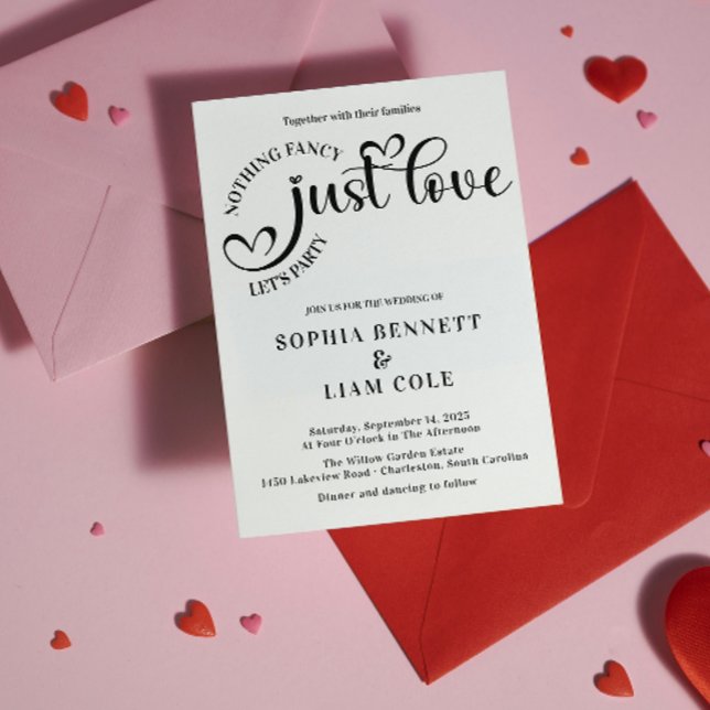Elegant Just Love Black and  White Heart Wedding  Invitation (Elegant Just Love Black and White Heart Wedding Invite fun quotes nothing fancy just love lets party)