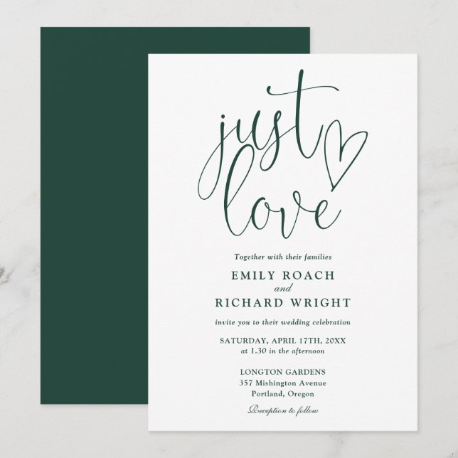 Elegant Just Love Script Emerald Green Wedding Invitation (Front/Back)