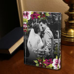 Elegant Just Married Magenta Green Floral Wedding Photo Block<br><div class="desc">This gorgeous photo block has beautiful floral arrangements at the top left and bottom right corners, nestling the customisable just married message, newlyweds names and date of event. The English calligraphy and simple serif fonts gives it the final touch of elegance. You just need to upload your photo and update...</div>