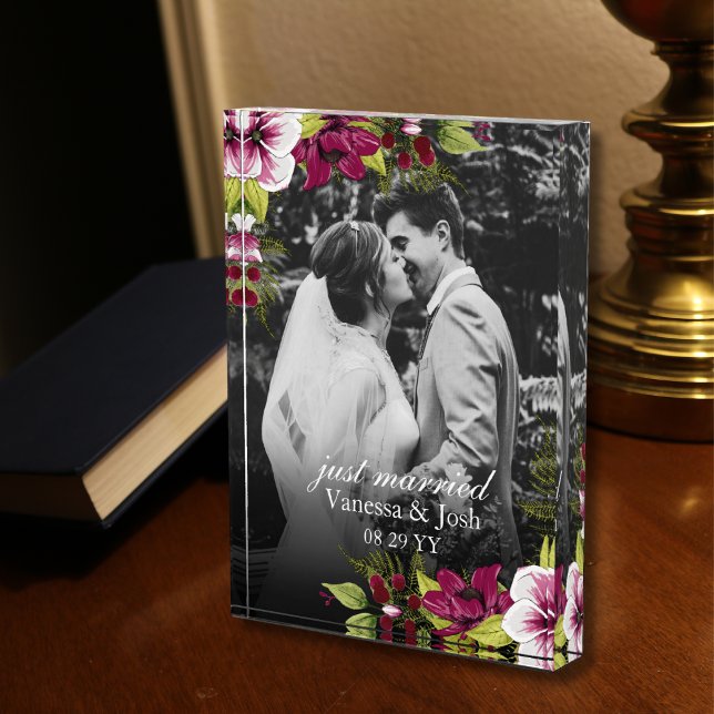 Elegant Just Married Magenta Green Floral Wedding Photo Block (Creator Uploaded)