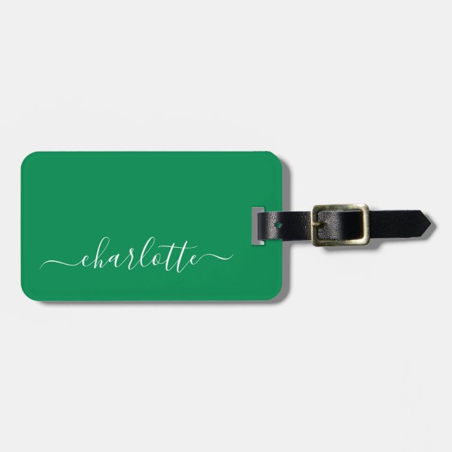 Elegant Kelly Green Script Name Personalised Luggage Tag (Front Horizontal)