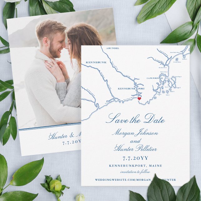 Elegant Kennebunkport Maine Wedding Save The Date (These Kennebunkport Map Save the Dates are perfect for your navy blue Maine destination wedding)