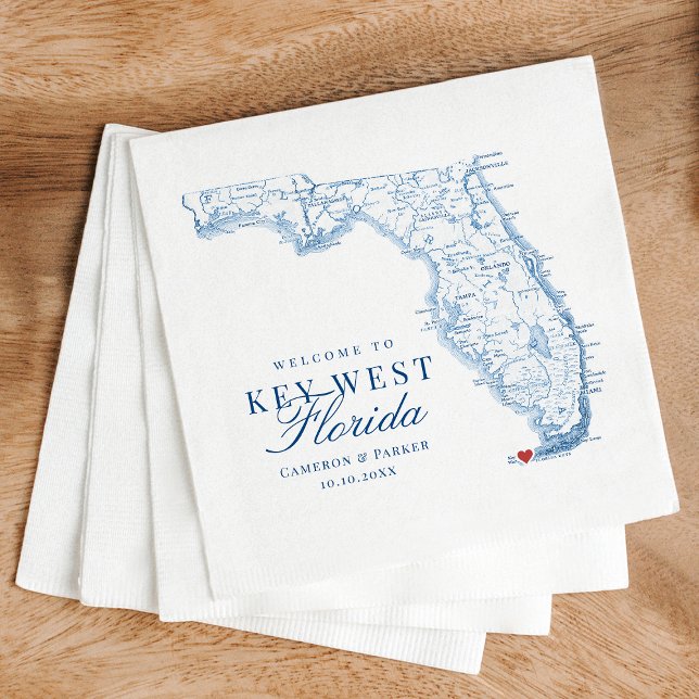 Elegant Key West Florida Map Wedding Napkin (Elegant Welcome to Key West FL Wedding napkins with navy blue Florida Map from Coastal Map Designs)