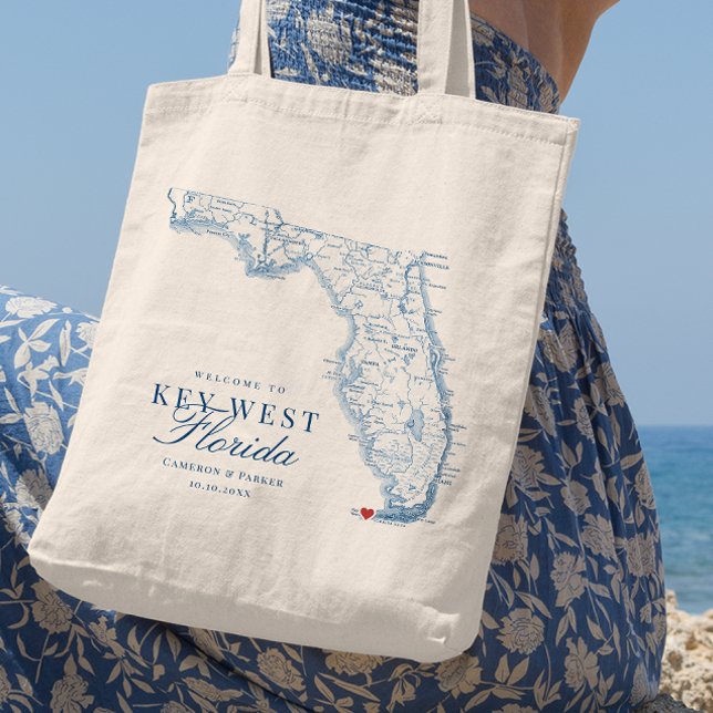 Elegant Key West Florida Wedding Welcome Tote Bag (Elegant Welcome to Key West FL Wedding Favor Florida Tote Bag from Coastal Map Designs)