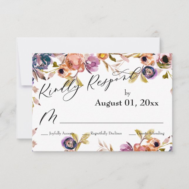 Elegant Kindly Respond Watercolor Boho Floral RSVP Card (Front)