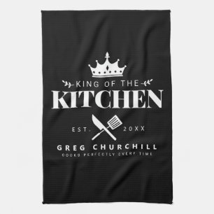 Elegant King of The Kitchen Modern Black with Name Tea Towel