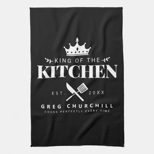 Elegant King of The Kitchen Modern Black with Name Tea Towel (Vertical)